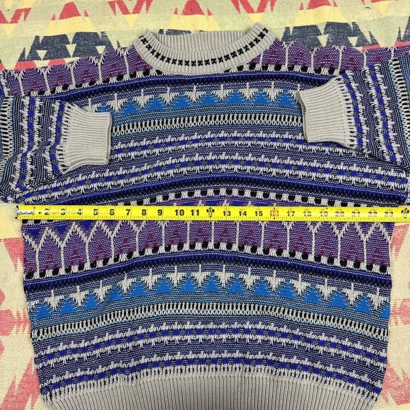 Vintage Grandpa Sweater Mens Large Gray Crewneck 90s Aztec Grunge Nubby Knit - Picture 5 of 11